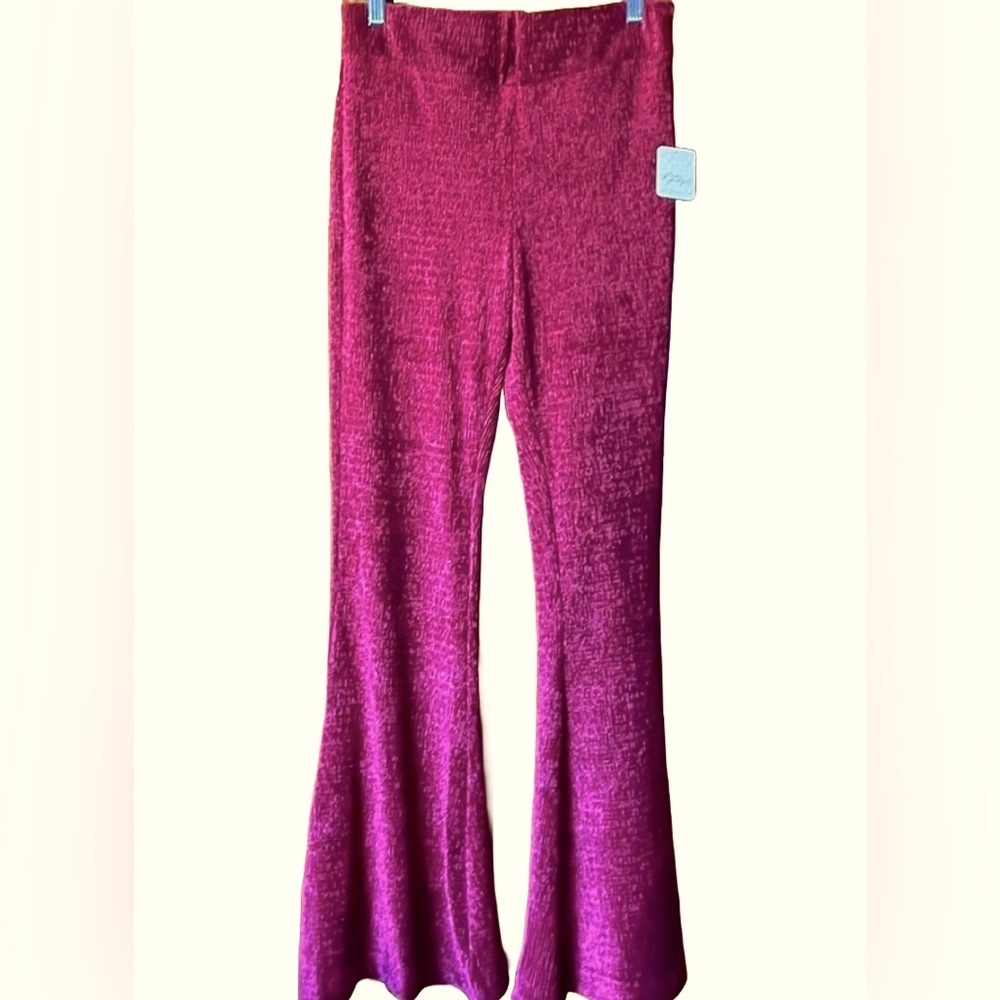 FREE PEOPLE So Charming Cranberry Velvet Pant | Full Flare Leg | Pull On |